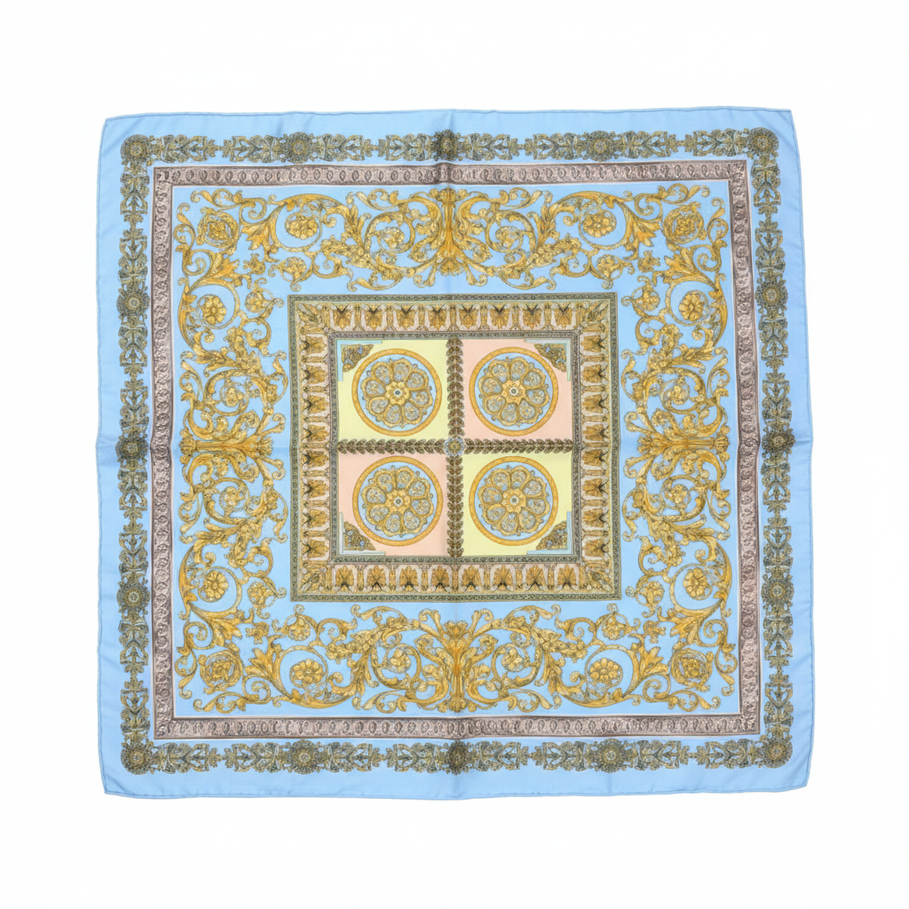 Baroque gold blue satin scarf 35x35 inches square with intricate scrolling floral medallion pattern on white background