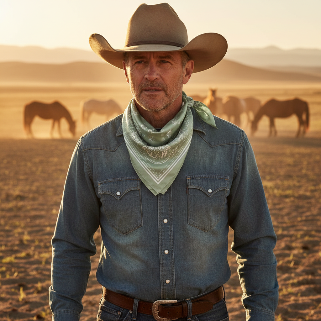 Cowboy wearing sage green paisley wild rag scarf tied around neck at ranch with horses, unisex western style golden hour