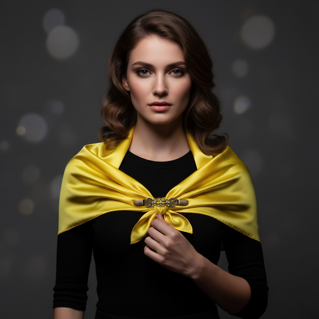 Antiqued bronze sweater clip holding lemon yellow satin scarf as shawl wrap, luxury editorial