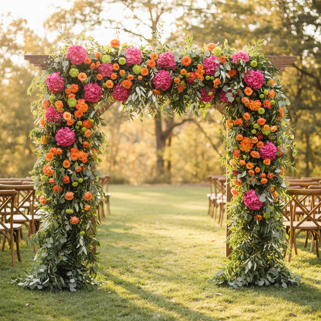 Outdoor wedding arch decorated with pink hydrangeas orange roses ranunculus green button mums and eucalyptus golden hour garden ceremony