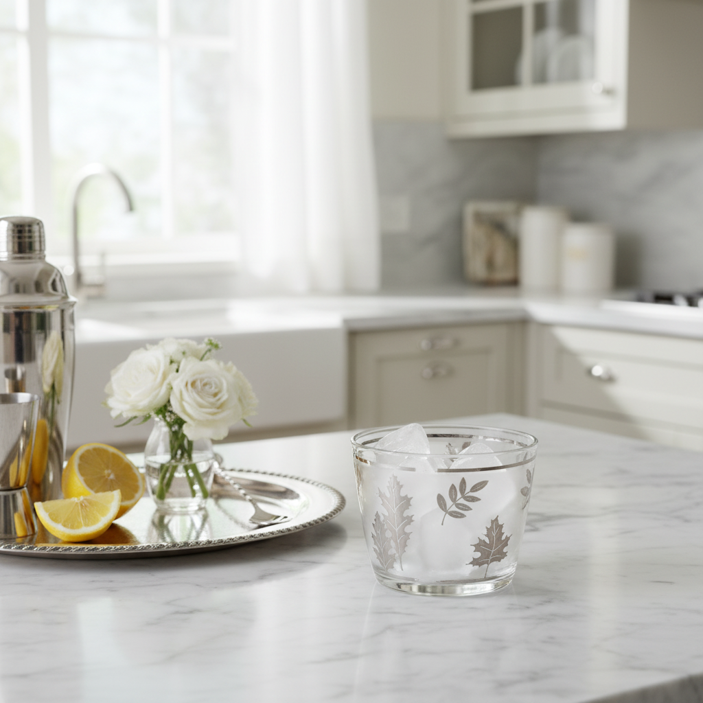 Vintage Libbey frosted silver leaf glass ice bucket styled on a marble countertop with vintage cocktail tray, bar tools, and white roses