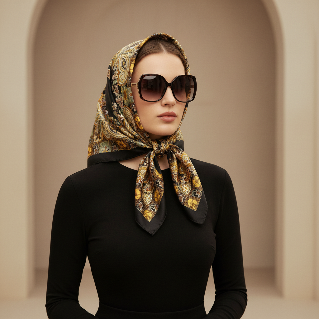 Woman wearing black, gold, and sage green paisley floral silk square scarf as a headscarf with oversized sunglasses – Vintage Glamour style