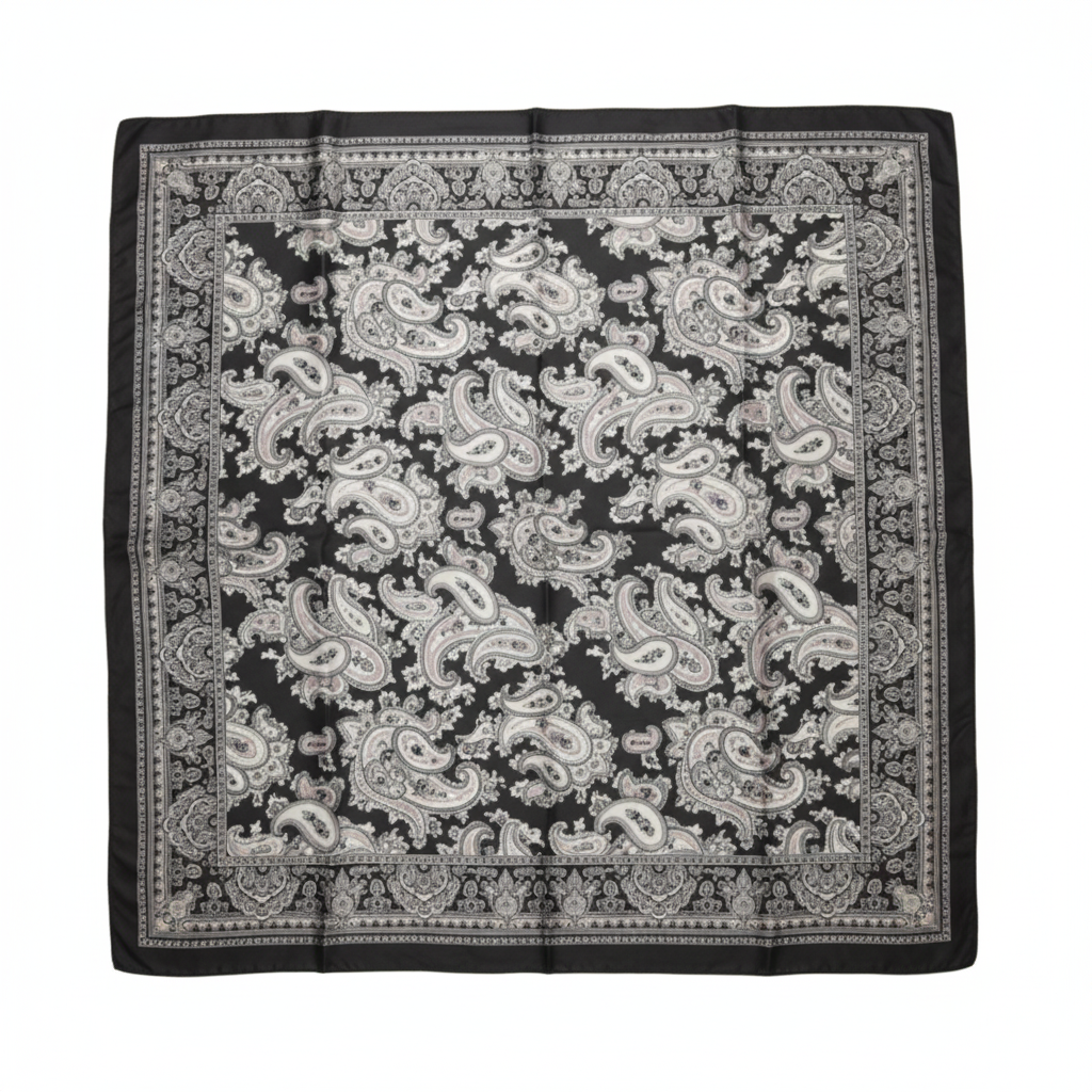 Black and white paisley satin square scarf flat lay top-down view fully unfolded 34x34 inches white background