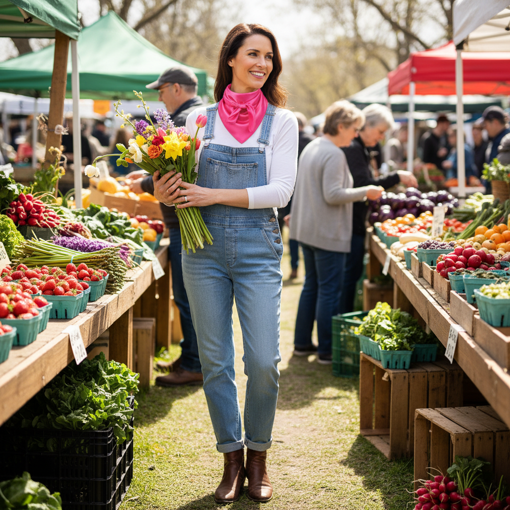Spring farmers market scene with woman wearing hot pink wild rag scarf browsing fresh flowers