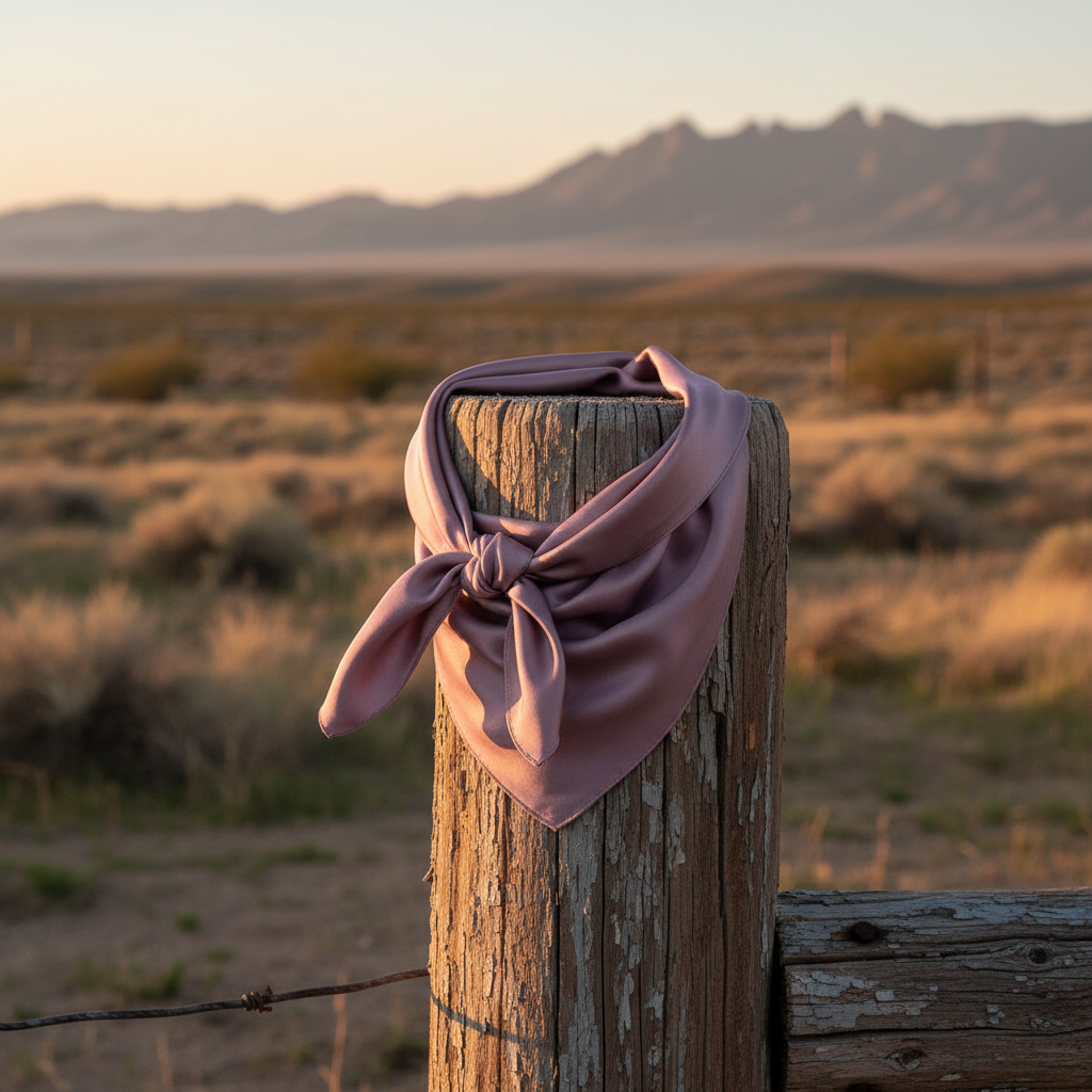 Light plum satin wild rag scarf draped on rustic fence western ranch lifestyle