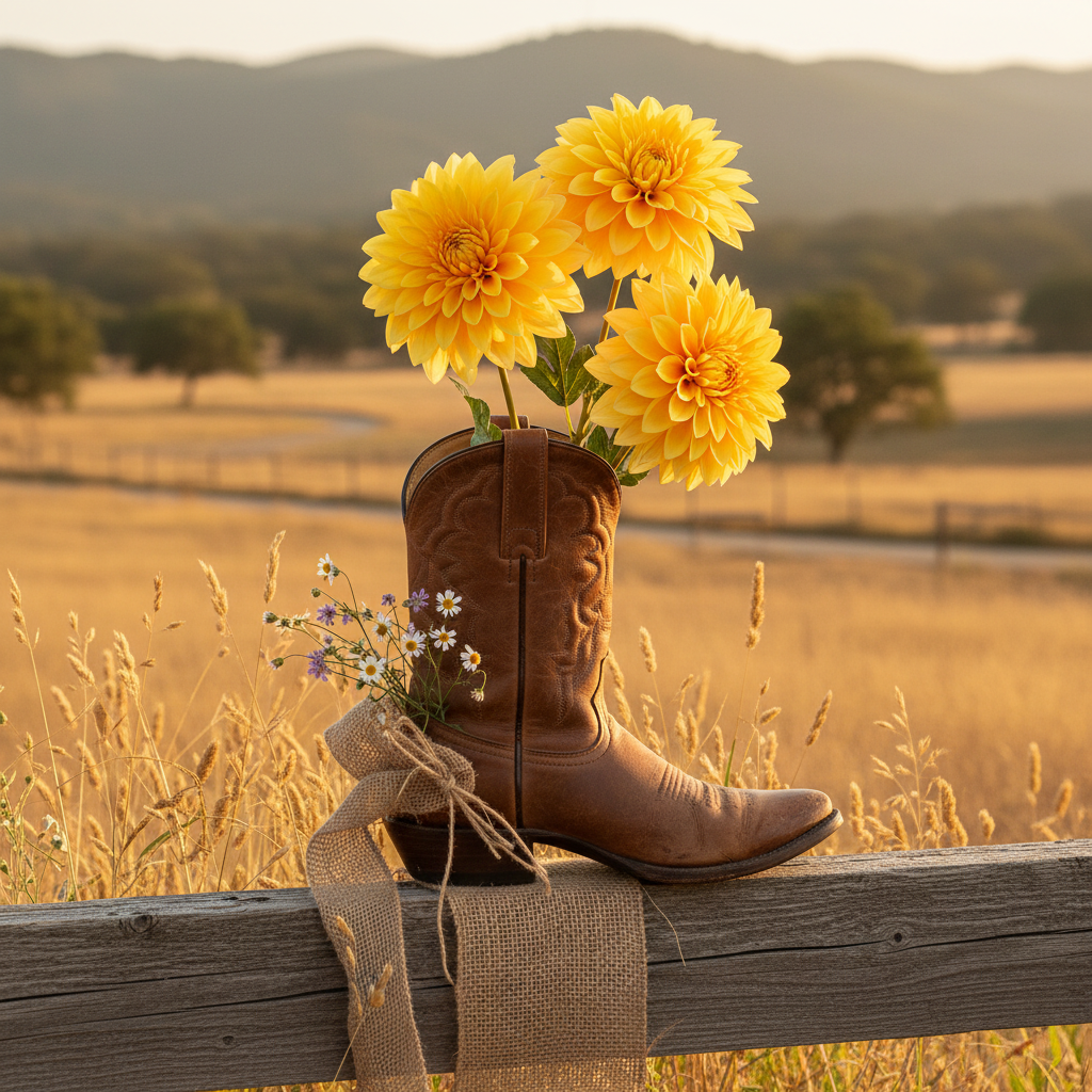 Three yellow dahlia faux flower stems arranged in a cowboy boot on a rustic fence rail with dried grasses and wildflowers in a western ranch setting
