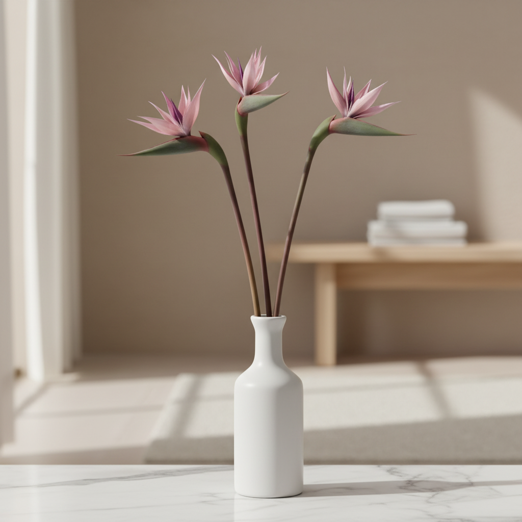 Three blush mauve Bird of Paradise artificial stems styled in a white ceramic vase on marble surface, modern minimalist interior