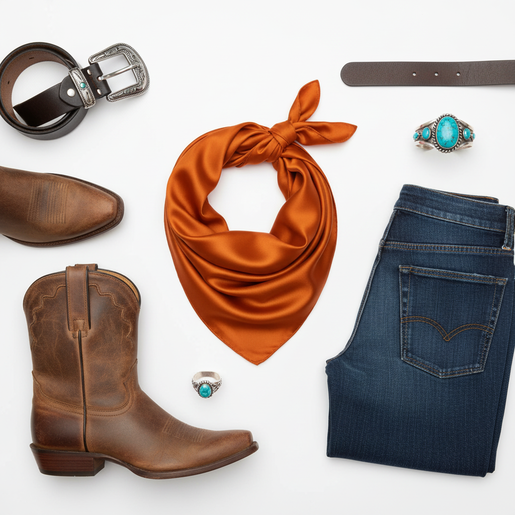 Flat lay of burnt orange wild rag scarf styled with cowboy boots, leather belt, turquoise jewelry and denim