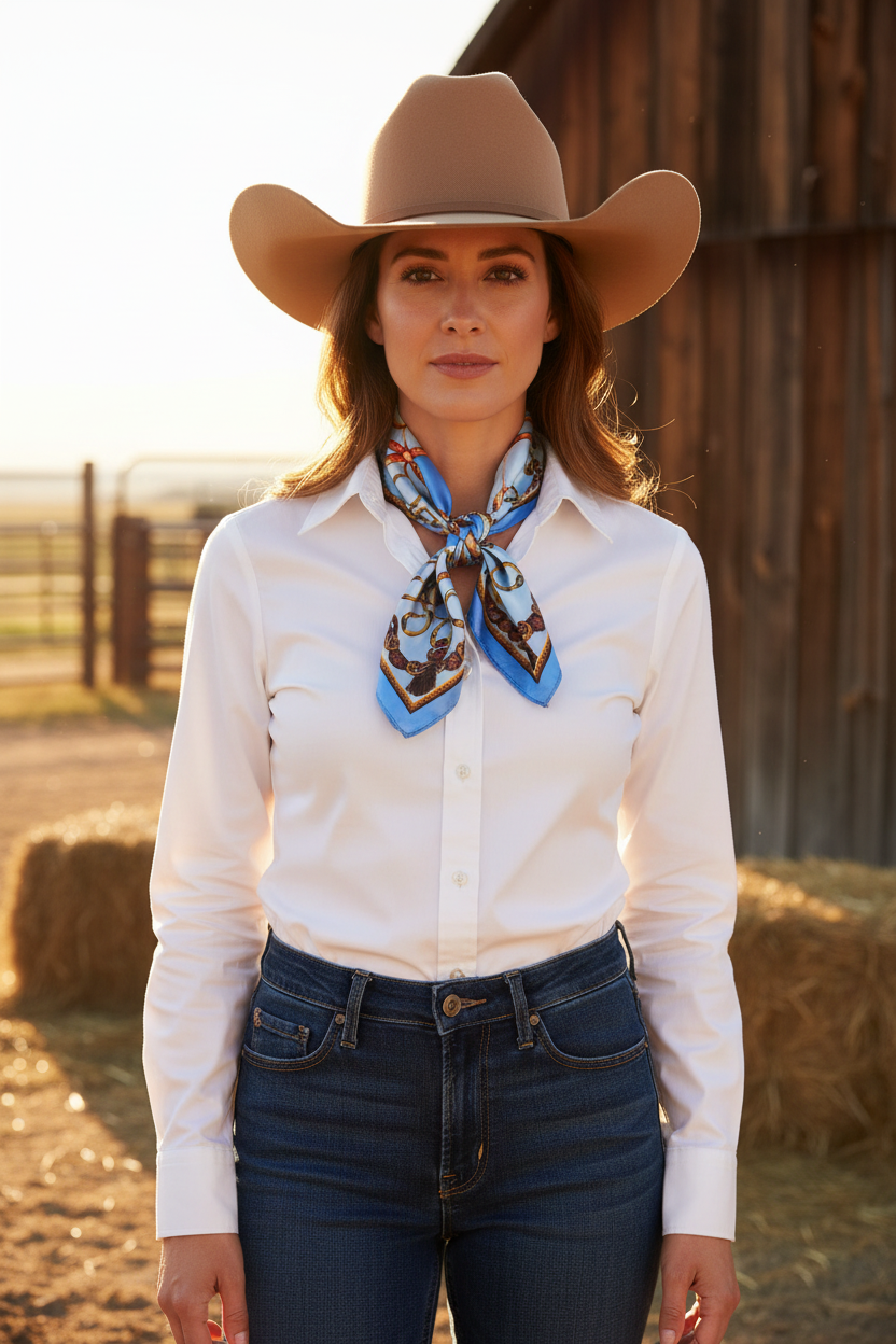 Woman with medium skin tone and brown hair wearing a blue gold chain print satin scarf tied as a western wild rag knot at the neck with a white shirt and cowboy hat at a ranch