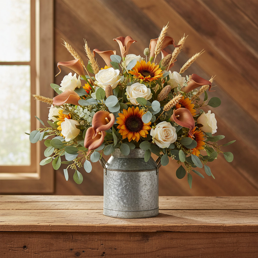 Terracotta burnt orange artificial calla lily stems in a florist-style arrangement with cream roses, dried wheat, and sunflowers in a galvanized metal milk can, rustic modern farmhouse decor