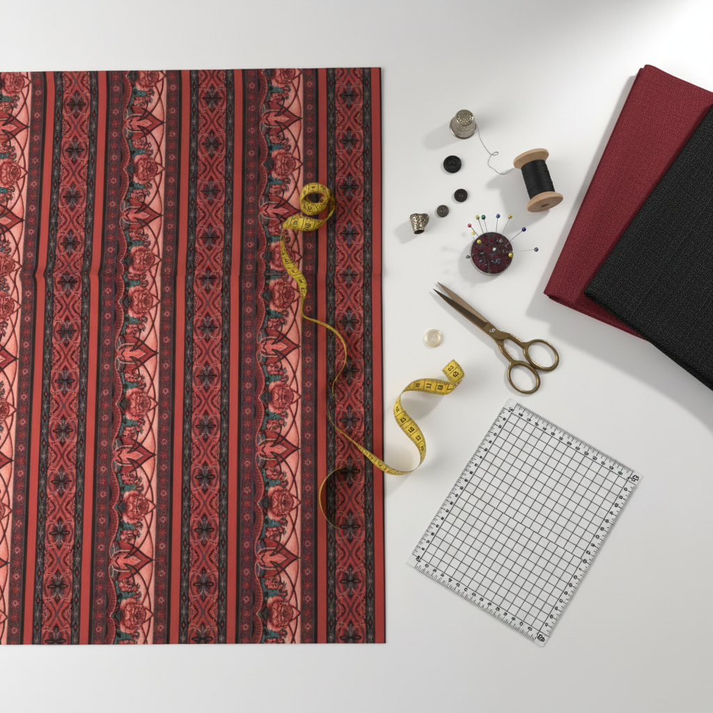Flat lay of Border Basics fabric with coordinating red and black swatches and sewing notions