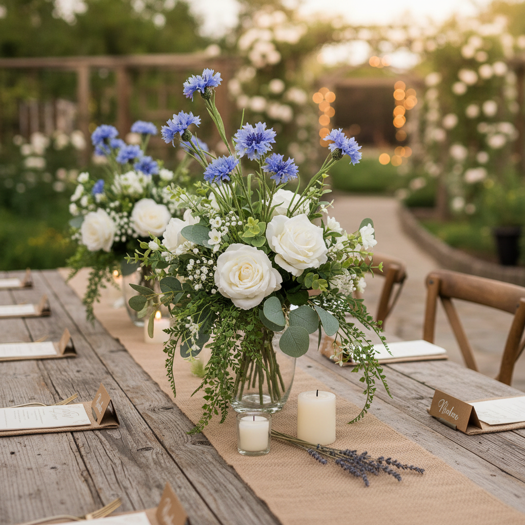 Faux periwinkle blue cornflower stems in rustic wedding centerpiece with white roses on wooden farm table