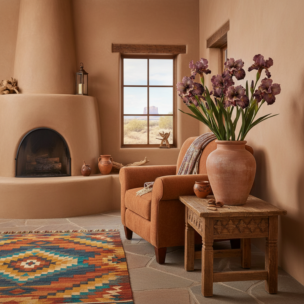 Deep purple faux iris stems in rustic floor vase, western southwestern interior styling, medium-height stems with compact flower heads