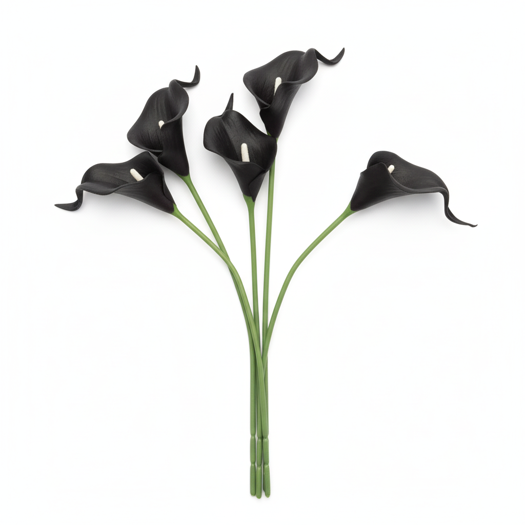 Flat lay overhead view of 5 black calla lily artificial stems arranged on white background, product photography showing complete bundle