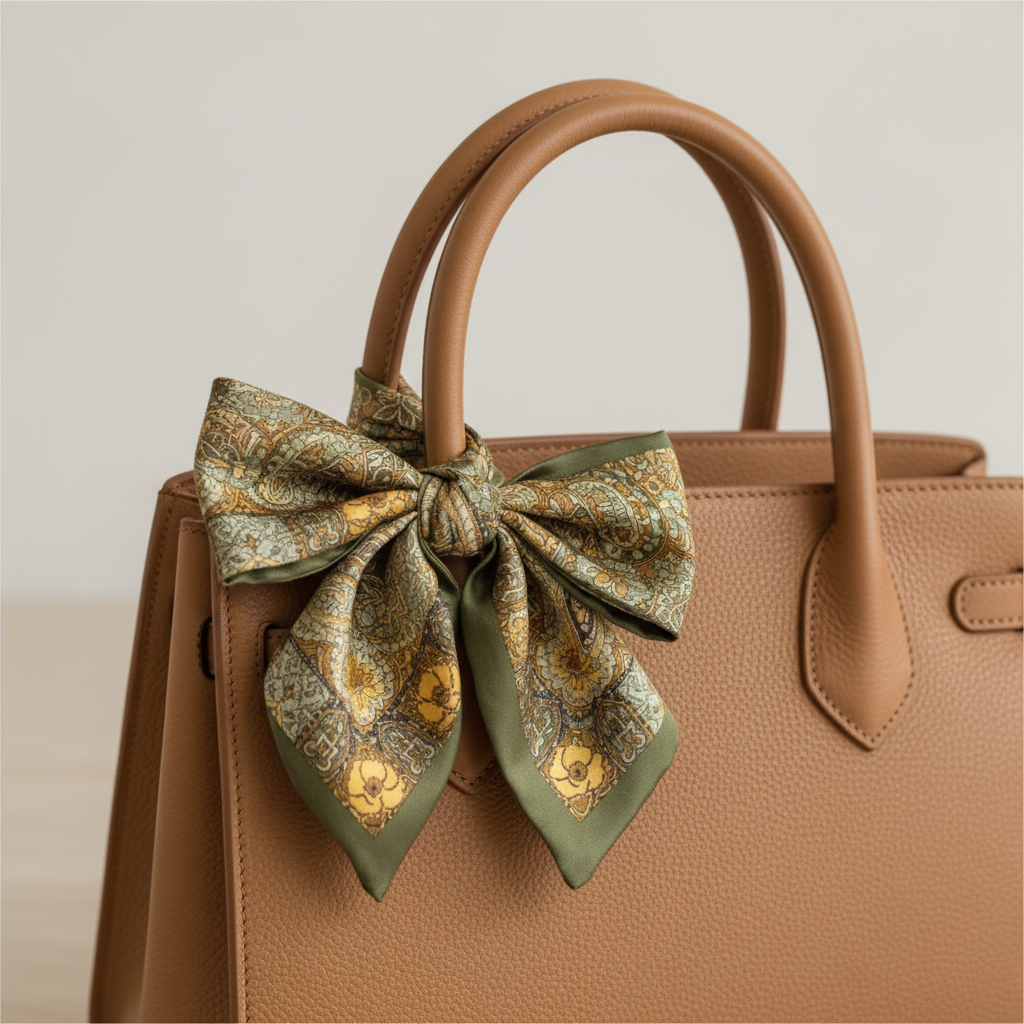 Olive green gold paisley floral satin scarf tied as a bow on a luxury handbag handle – boutique bag accent