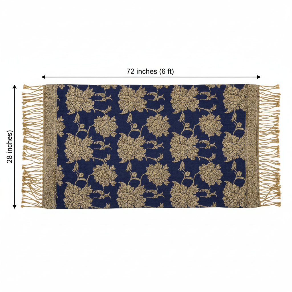 Navy blue gold paisley jacquard fringe scarf shawl measurement diagram showing 72 inch length and 28 inch width