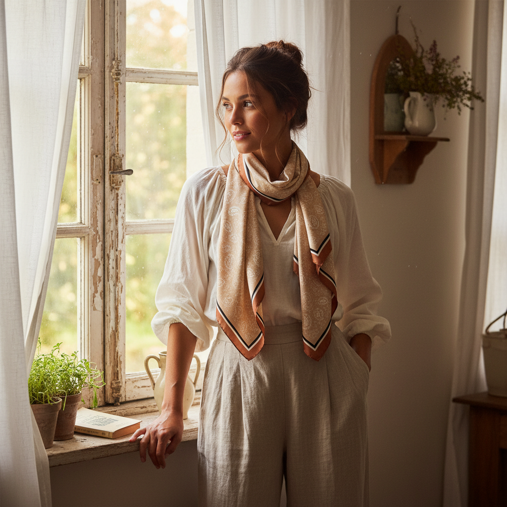 Woman wearing creamy tan paisley satin scarf loosely around neck with cream peasant blouse at French country window cottagecore style