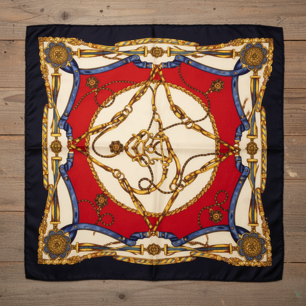 Red navy gold equestrian chain satin square scarf flat lay on weathered wood showing full patchwork pattern and decorative border