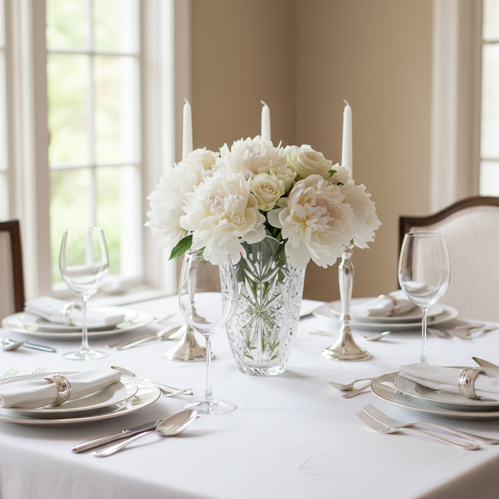 Fifth Avenue crystal vase styled on formal dining table with fresh white roses, fine china, and silver candlesticks - elegant traditional home decor