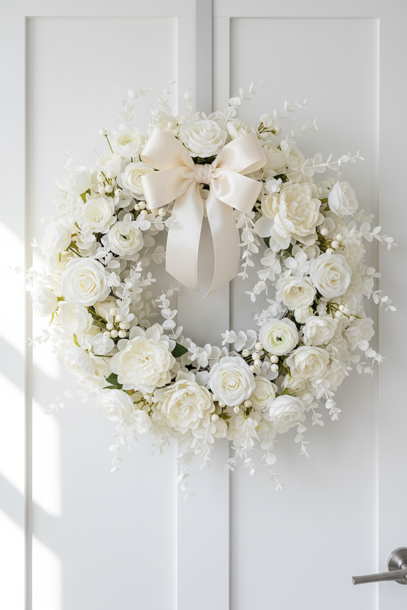 Luxury all-white florist wreath with white faux eucalyptus stems, white garden roses, cream peonies, ranunculus, and white berries with ivory satin ribbon bow on a white door