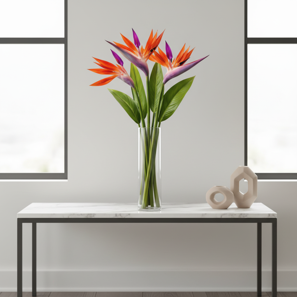 Artificial Bird of Paradise flowers with 3 stems in tall clear glass vase on marble console, modern home decor lifestyle