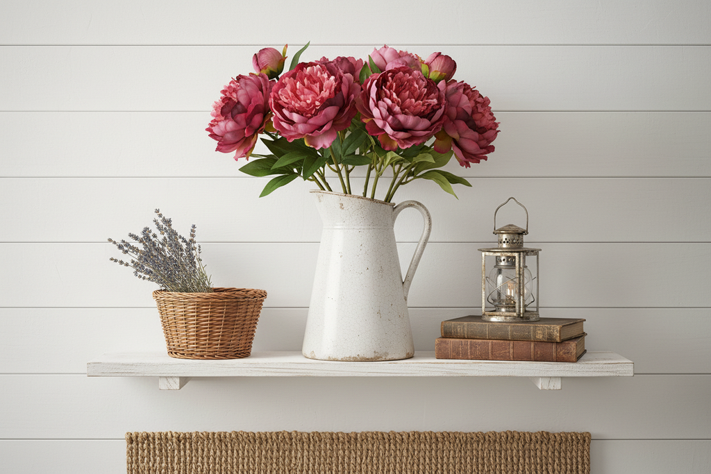 Rose pink peony stems with burgundy tips in vintage pitcher on white shiplap wall shelf with farmhouse accessories