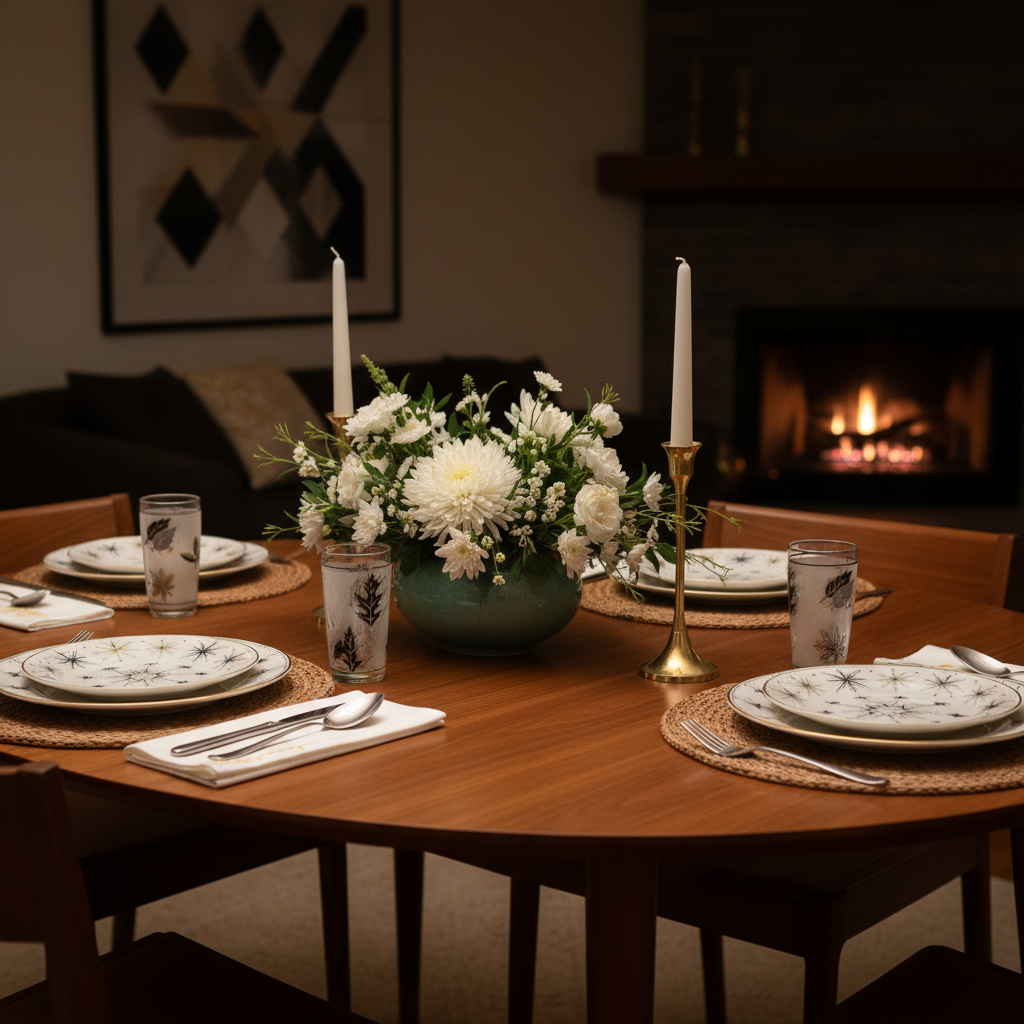 Mid-century modern dining table setting with vintage Libbey Silver Foliage glasses, atomic starburst dinnerware, and teak placemats