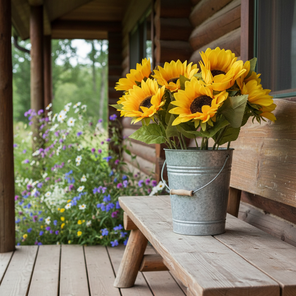 Yellow sunflower stems in galvanized bucket on rustic bench log cabin country decor