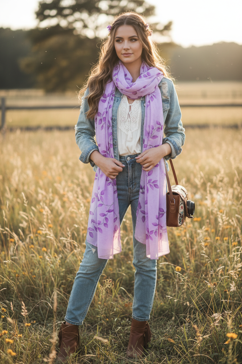 Lavender purple leaf scarf styled in boho casual vintage look
