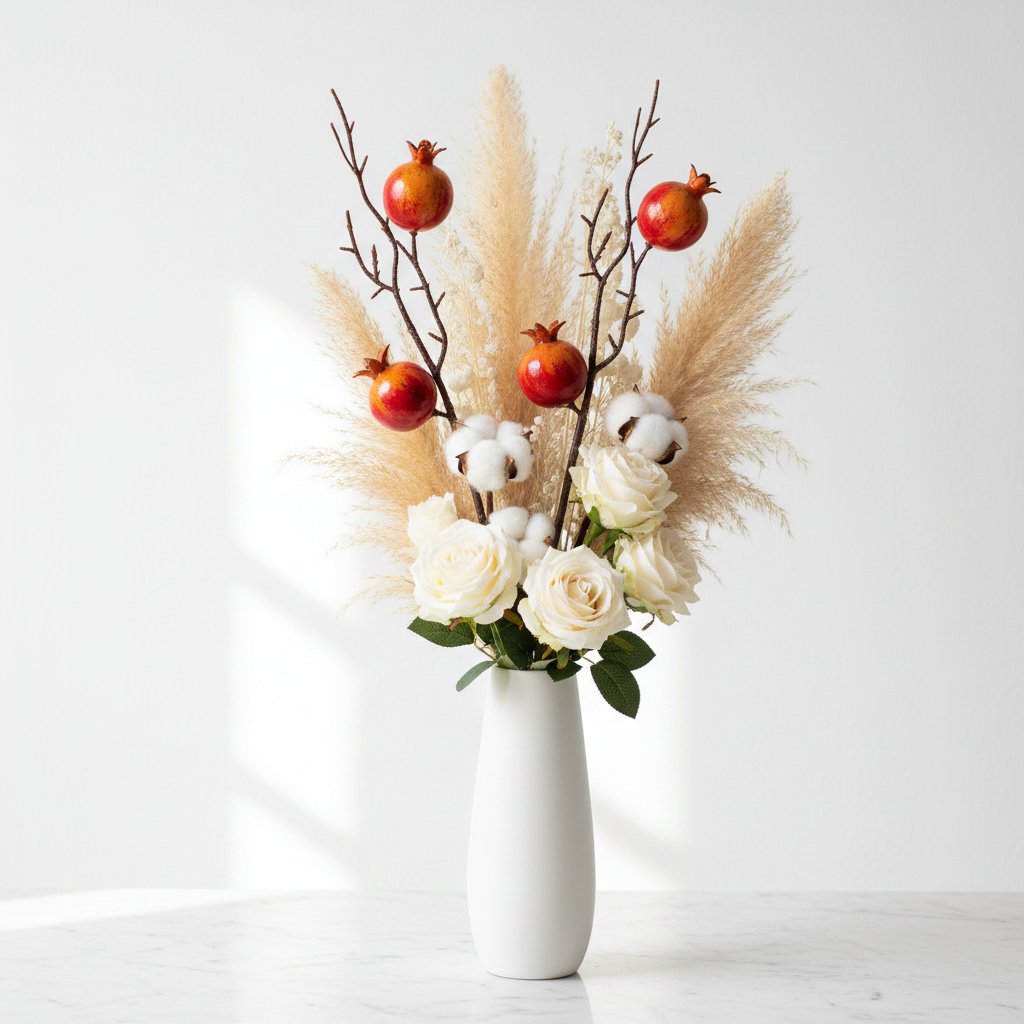 Artificial pomegranate stems arranged in a tall white ceramic vase with dried pampas grass, cream cotton stems, and ivory roses on a marble surface