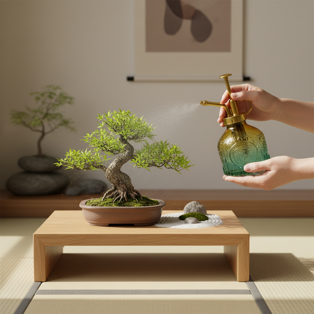 Hands misting delicate bonsai tree with green yellow gradient glass plant mister on minimalist wooden display table with zen garden