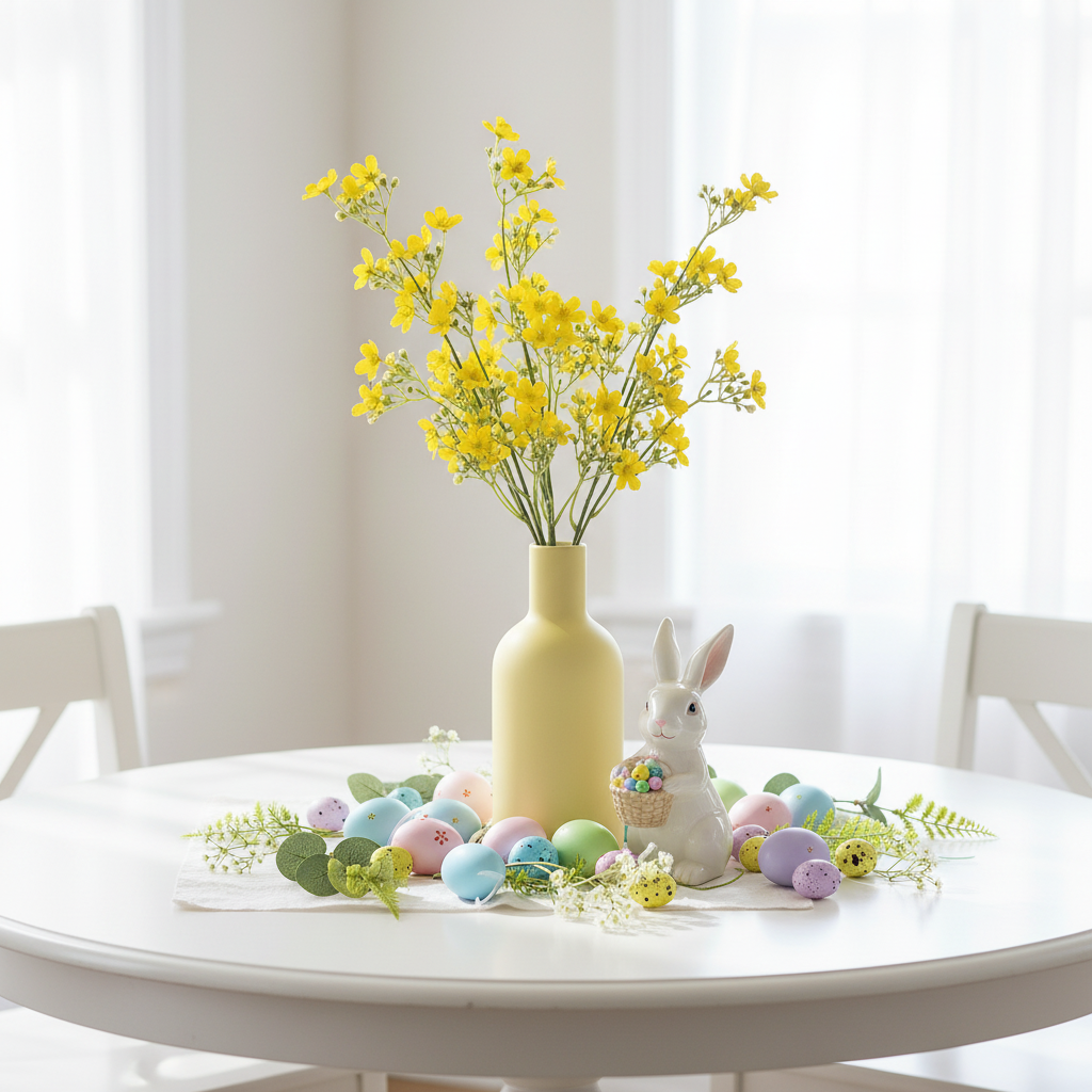 Artificial buttercup yellow dogwood stems in pastel vase as cheerful Easter table display with eggs and spring greenery