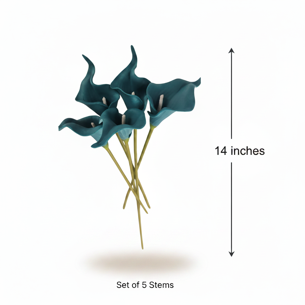 Size reference card for teal peacock blue artificial calla lily stems showing 14 inch height with clean dimension lines, set of 5 stems on white background