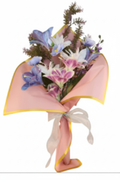 Faux flower bouquet with artificial poppies and lilies in pastel lavender periwinkle white on white background gift ready