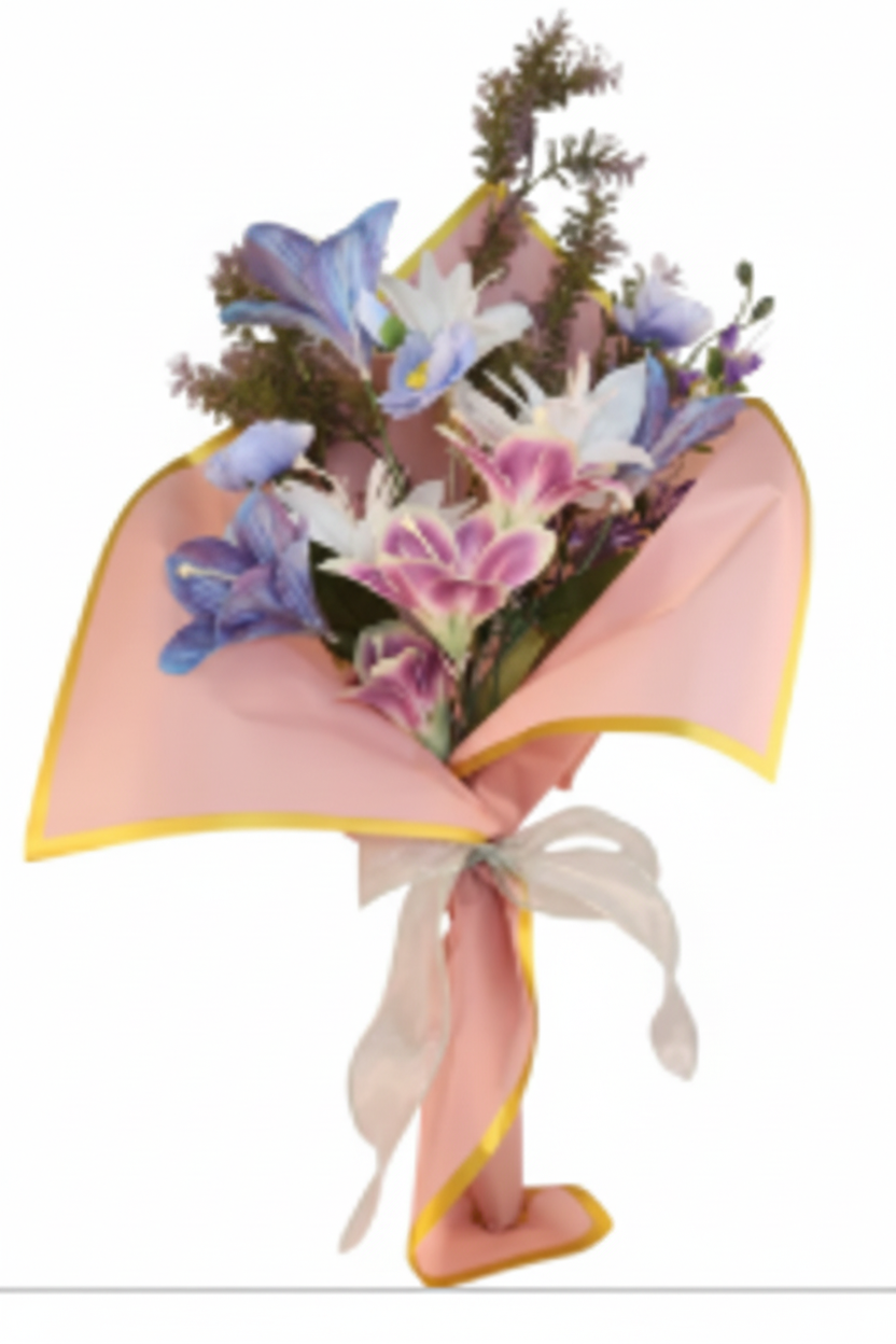 Faux flower bouquet with artificial poppies and lilies in pastel lavender periwinkle white on white background gift ready