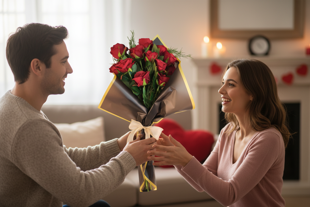 Man giving dozen dark red roses bouquet to woman as Valentine's Day gift, romantic gesture, gift for wife or partner