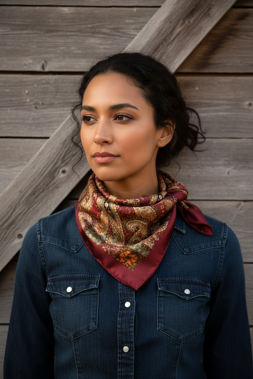 Woman with medium brown skin wearing burgundy paisley satin square scarf as western wild rag tied at neck over denim shirt with barn wood background