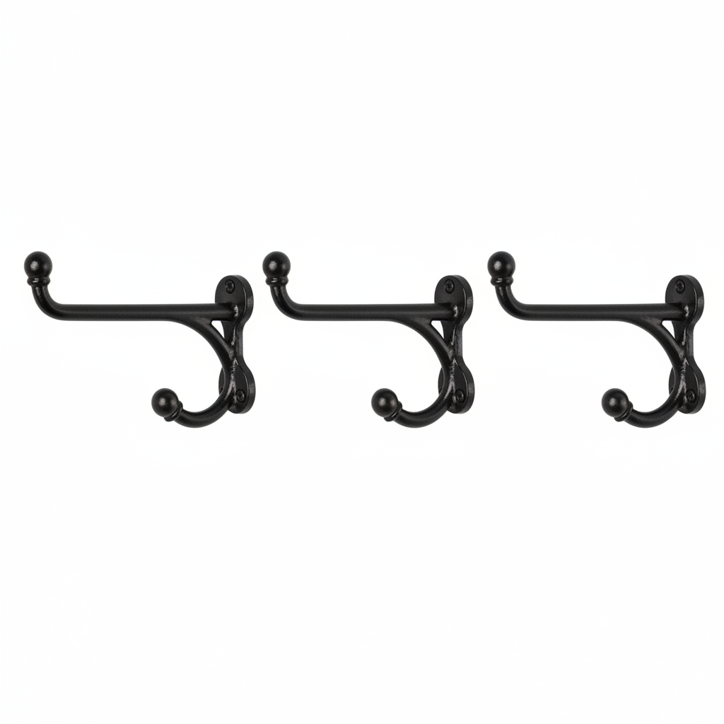 Set of 3 vintage black cast iron western harness wall hooks on white background, heavy duty double arm design with ball tips, rustic farmhouse style