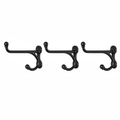 Set of 3 vintage black cast iron western harness wall hooks on white background, heavy duty double arm design with ball tips, rustic farmhouse style