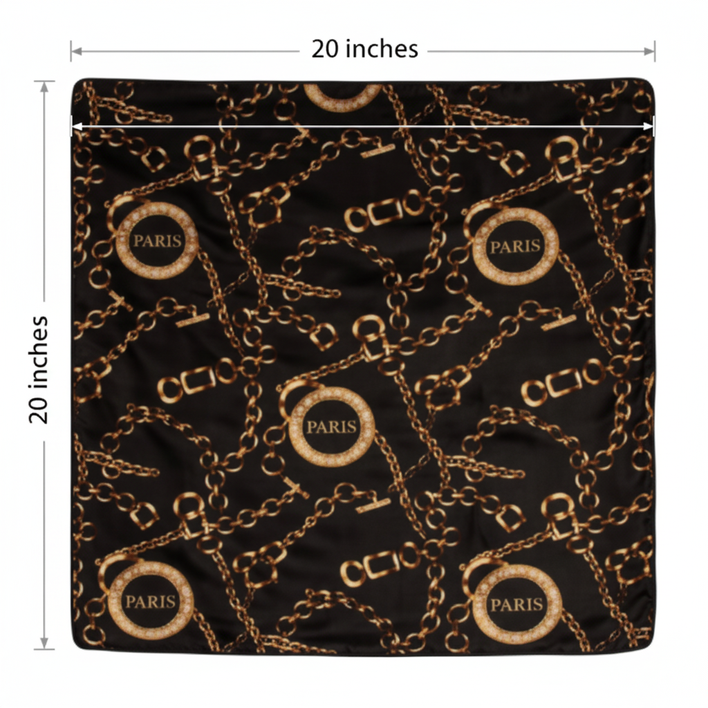 Black Gold Paris Chain Satin Scarf Measurement Diagram 20 x 20 Inches Square Dimensions