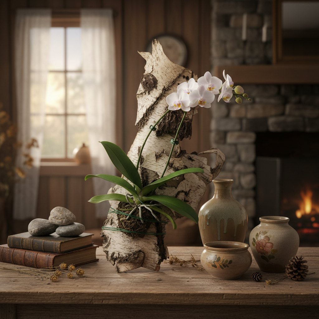 Large birch bark piece with mounted orchid plant displayed on rustic wooden table in cottage interior styled with vintage pottery