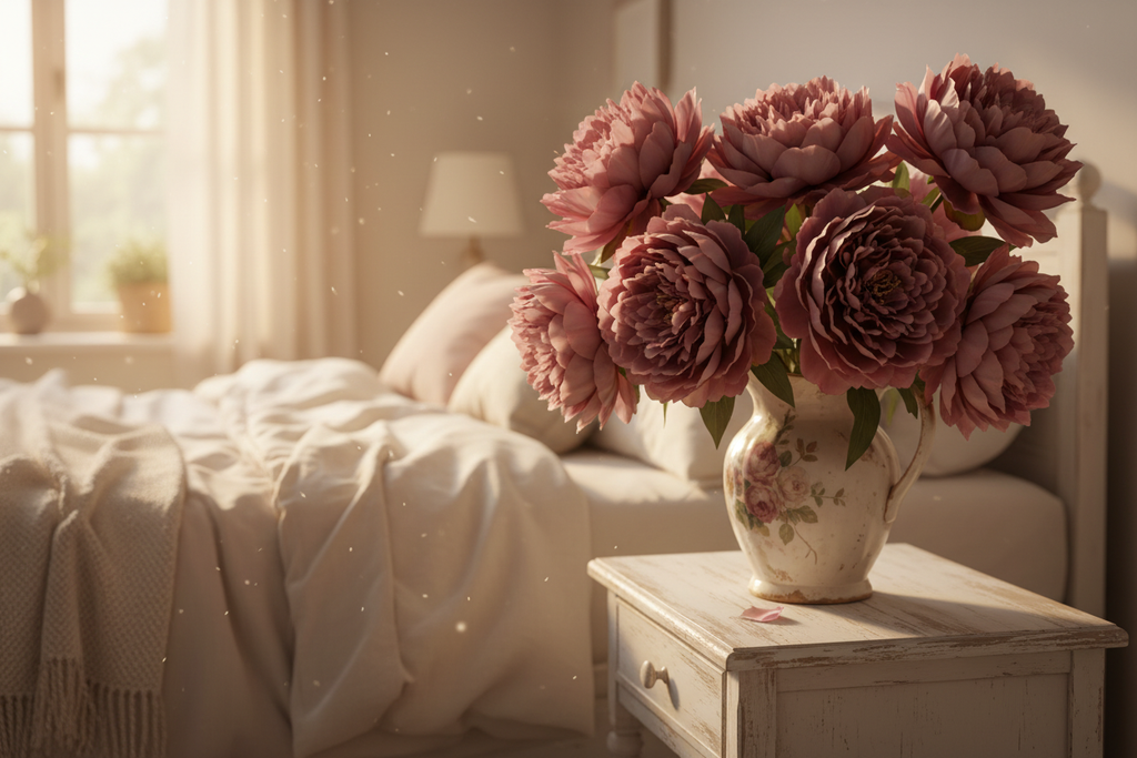 Bedroom nightstand with lavender wine peony arrangement in soft morning light, romantic cottage decor