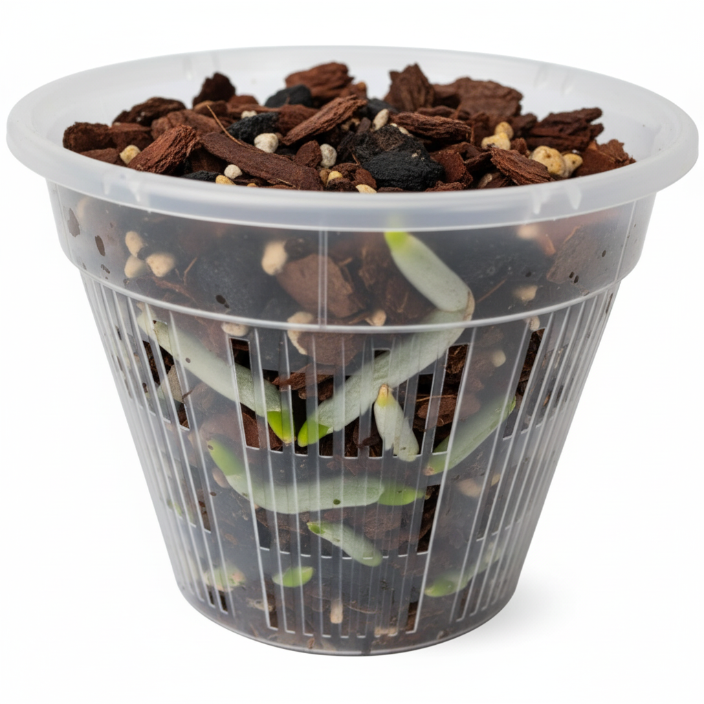 Close-up of clear 7 inch slotted orchid pot showing healthy roots growing through open vertical ventilation slits
