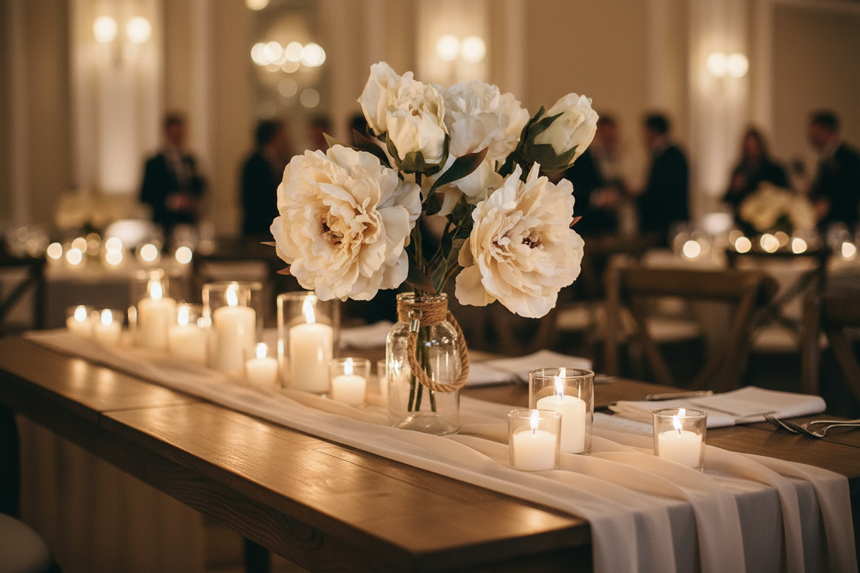 Wedding reception centerpiece featuring cream ivory peony stems in vintage vase with candles and neutral linens