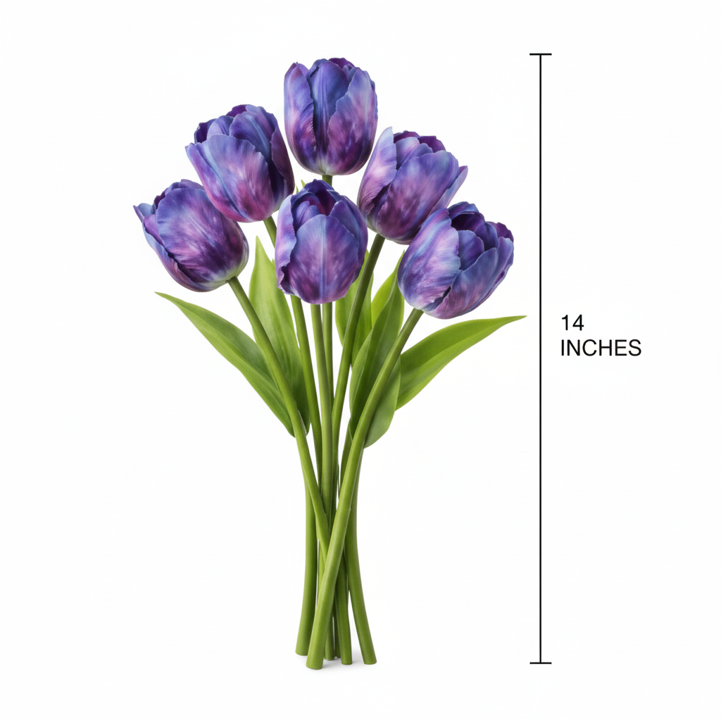 Product measurement diagram showing 6 artificial purple tulip stems standing upright at 14 inches tall