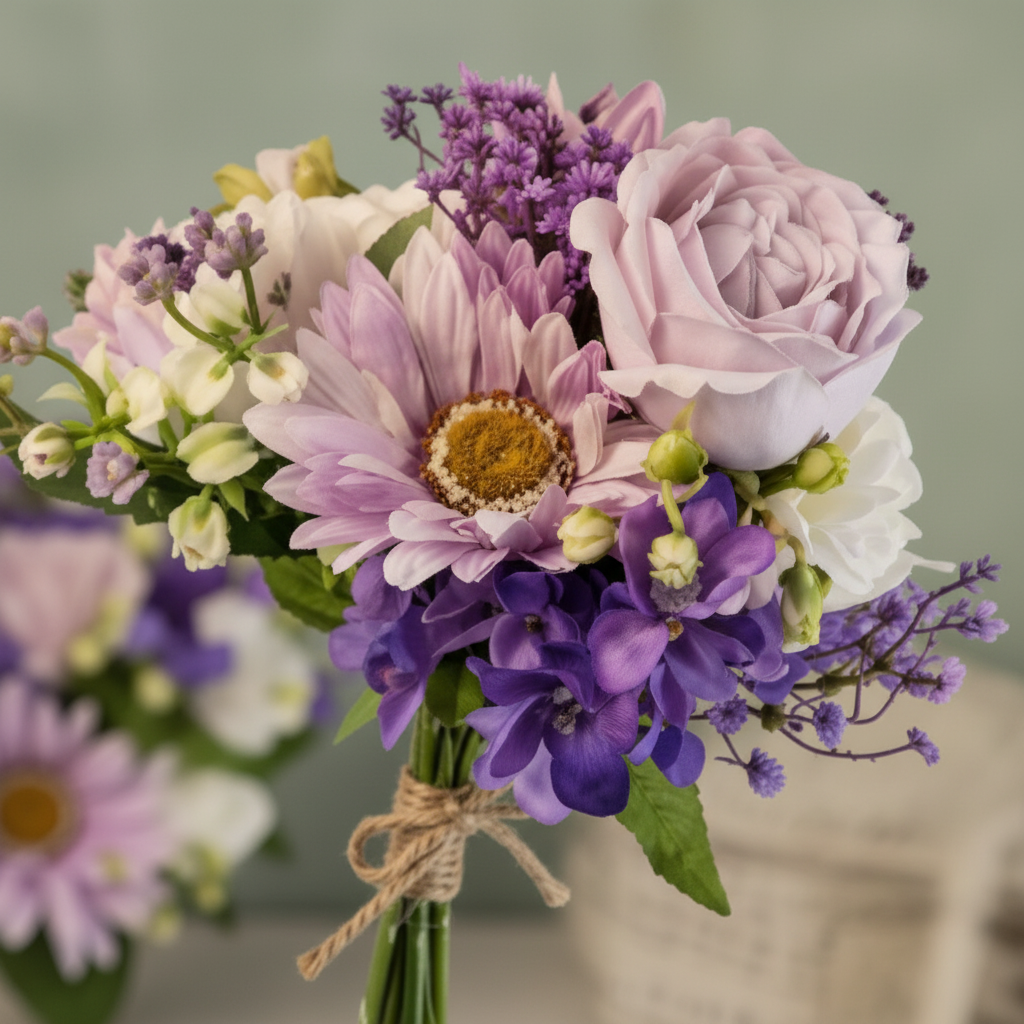 Close-up detail of lavender purple artificial bouquet showing real touch gerbera daisies and roses
