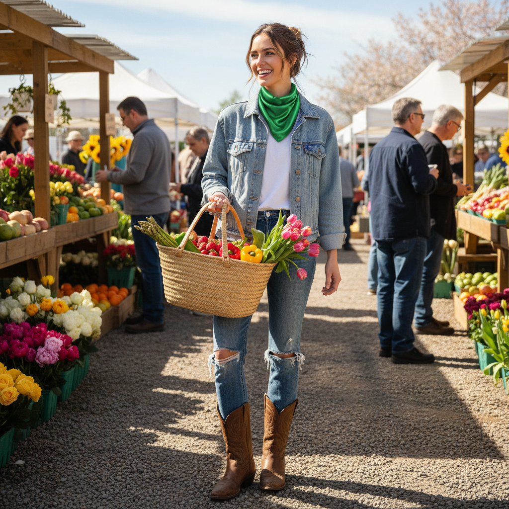 Woman wearing emerald green wild rag scarf at spring farmers market