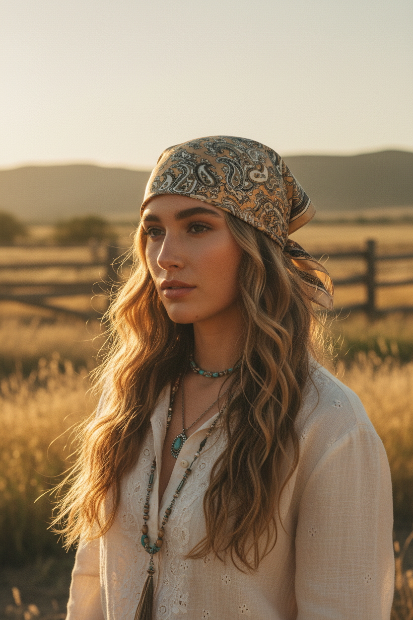 Woman wearing gold taupe paisley wild rag as compact headscarf, boho western fashion in outdoor ranch setting with golden hour lighting