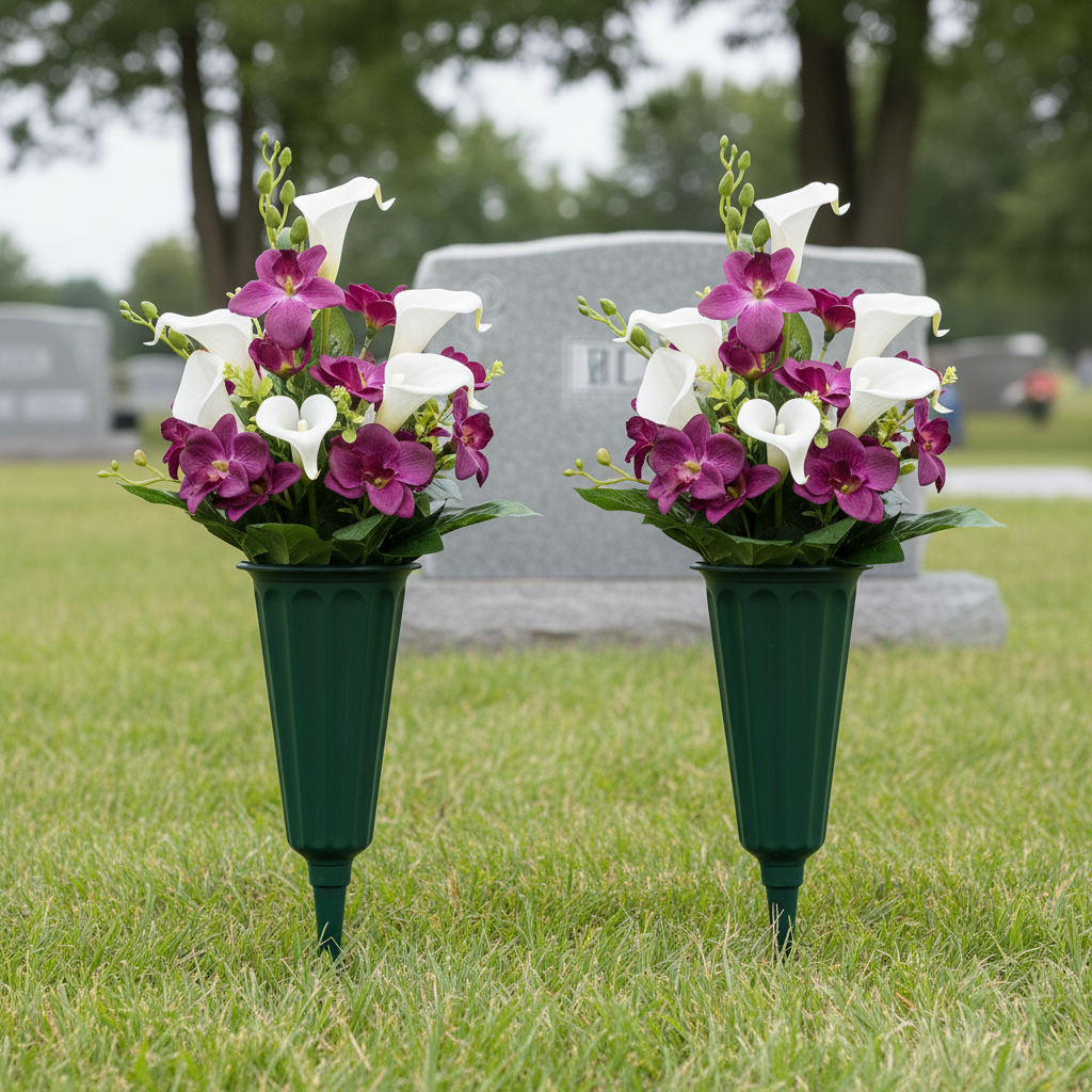 Set of 2 green cemetery flower vases with ground spikes holding white calla lilies and purple orchids at gravesite