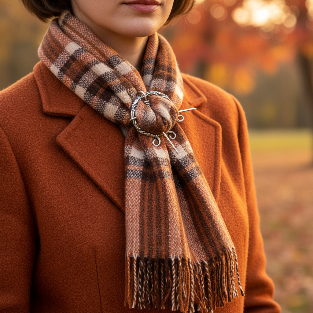 Silver vine brooch pin securing burnt orange plaid scarf on mustard wool jacket, autumn fall foliage setting